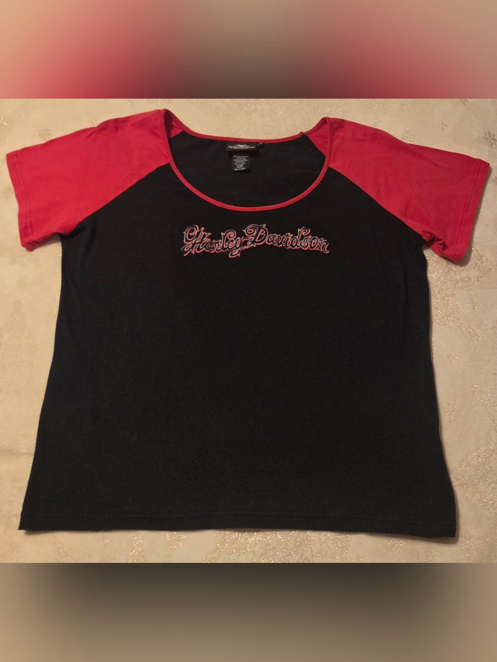 Harley-Davidson Black Tee with Red Raglan Sleeves Embroidered Logo Womens 1X